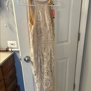 PrettyLittleThing Cream Gold Halter Sheath Dress